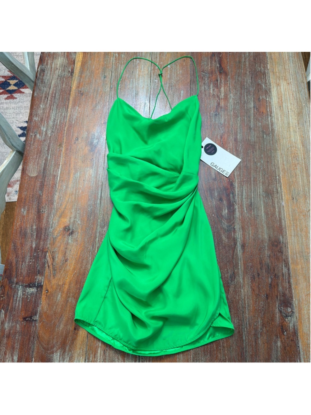GAUGE81 Shiroi Silk Mini Dress L Green Ruched Cowl Neck Strappy Back NWT
